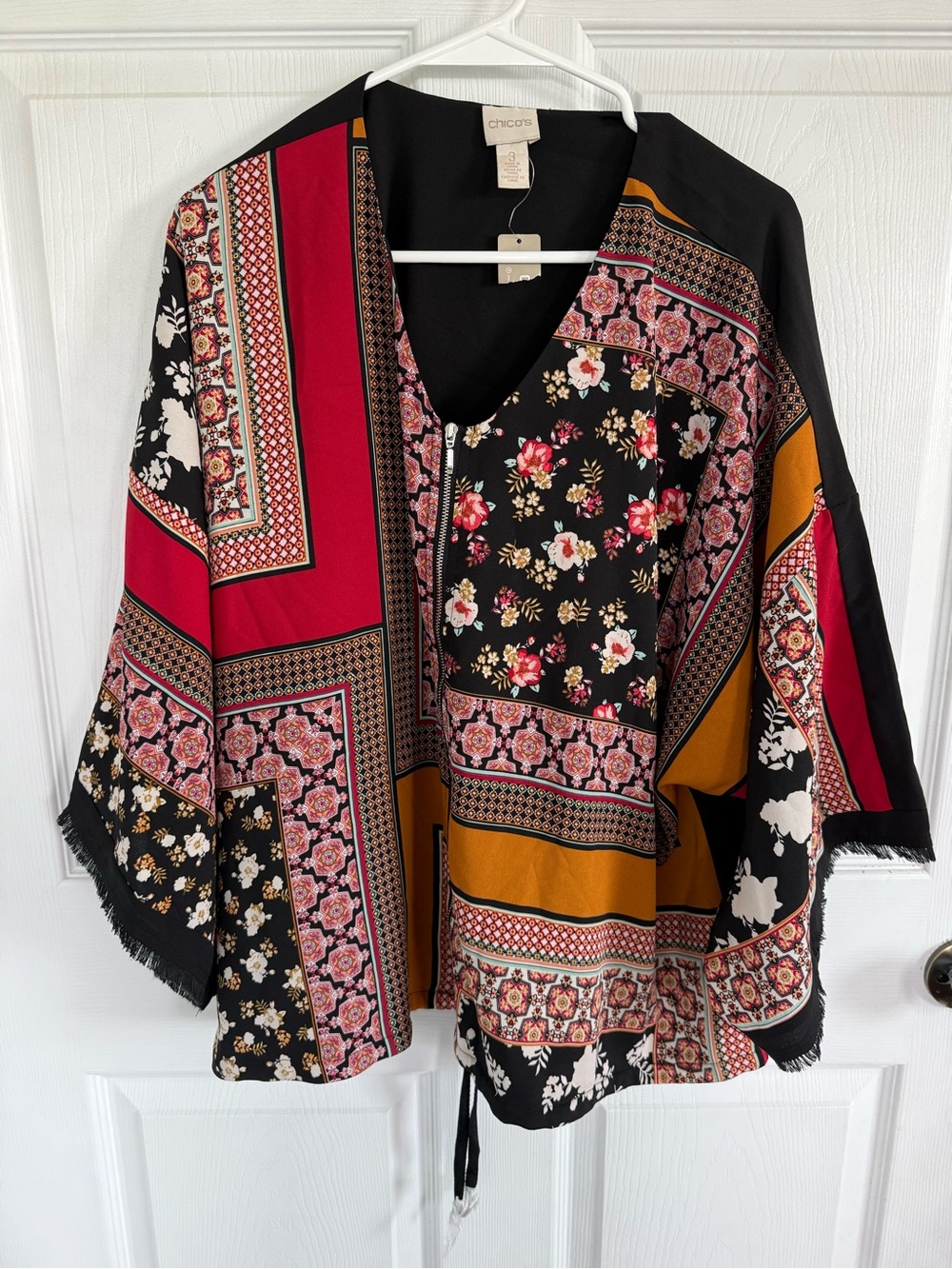 NWT Chico’s Size 3 1x Boho Patchwork Floral Top Fringe Zip Fall Artsy Oversized